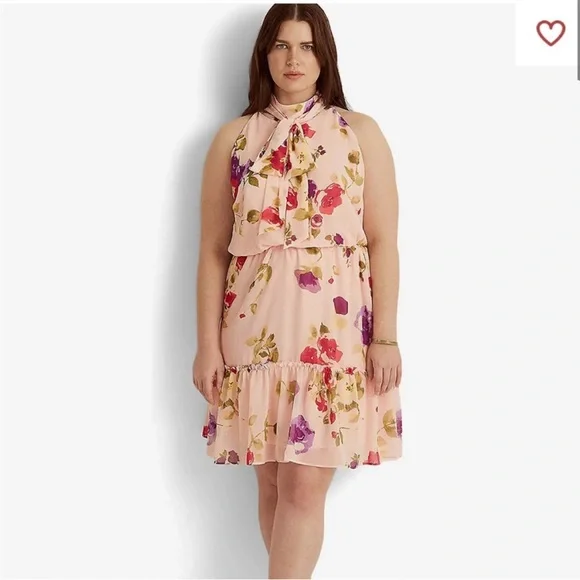 Lauren Ralph Lauren Sleeveless Halter Bow Neck Ruffle Tiered Blouson Dress SZ 8 - Picture 3 of 9